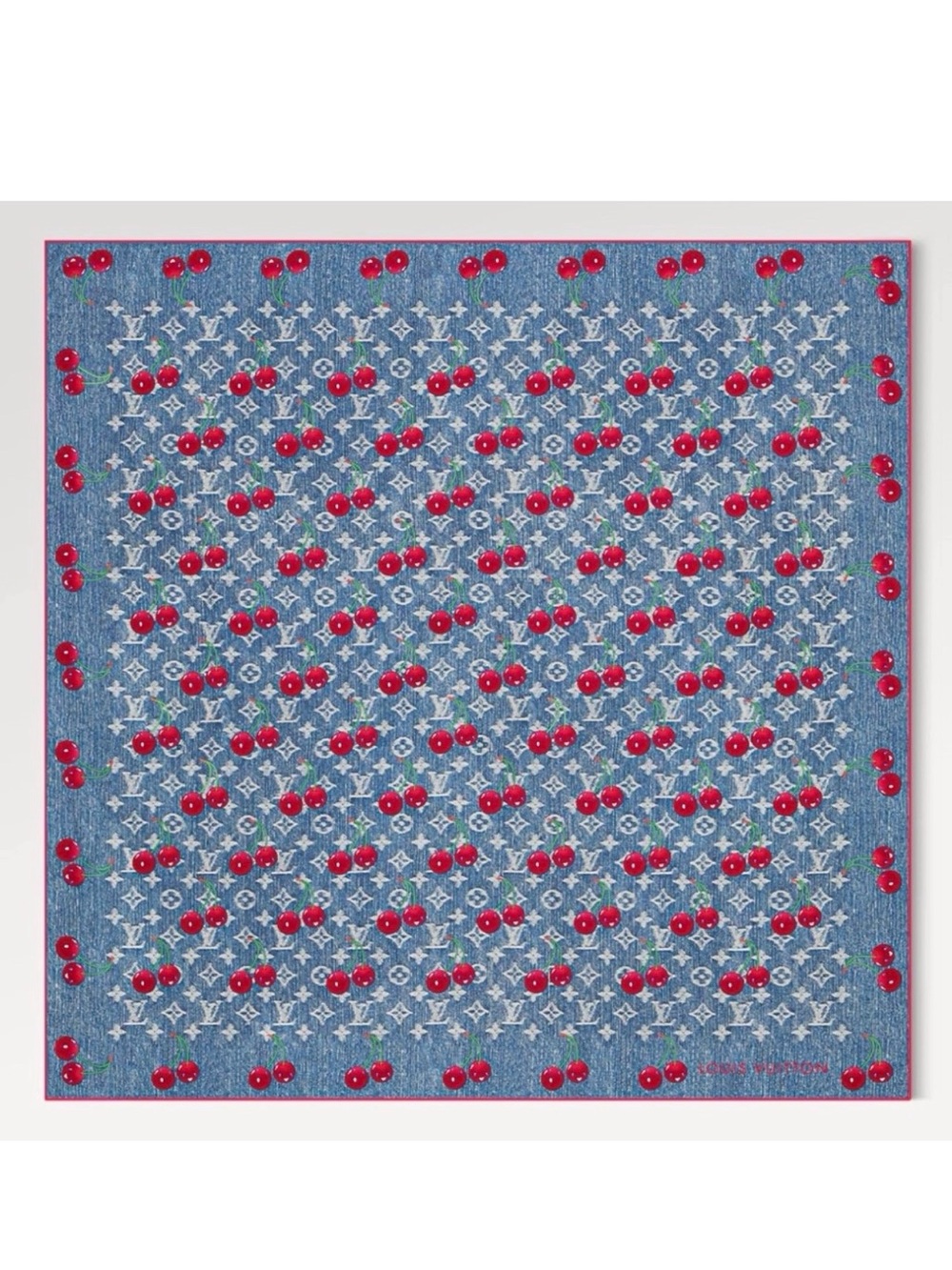 Louis Vuitton Silk Monogram Cerise Square 90 Denim Blue LV X TM 🍒 NIB - Picture 1 of 5